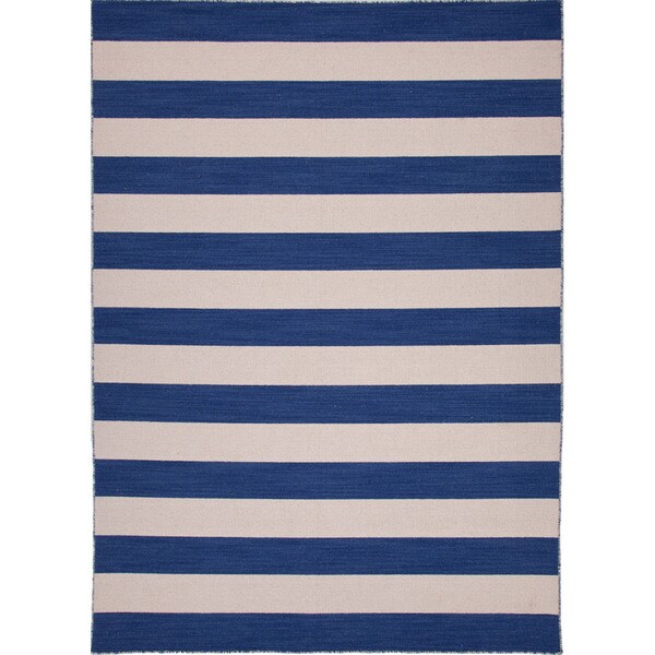 Reversible Handmade Flat weave Stripe pattern Blue Rug (9 x 12)