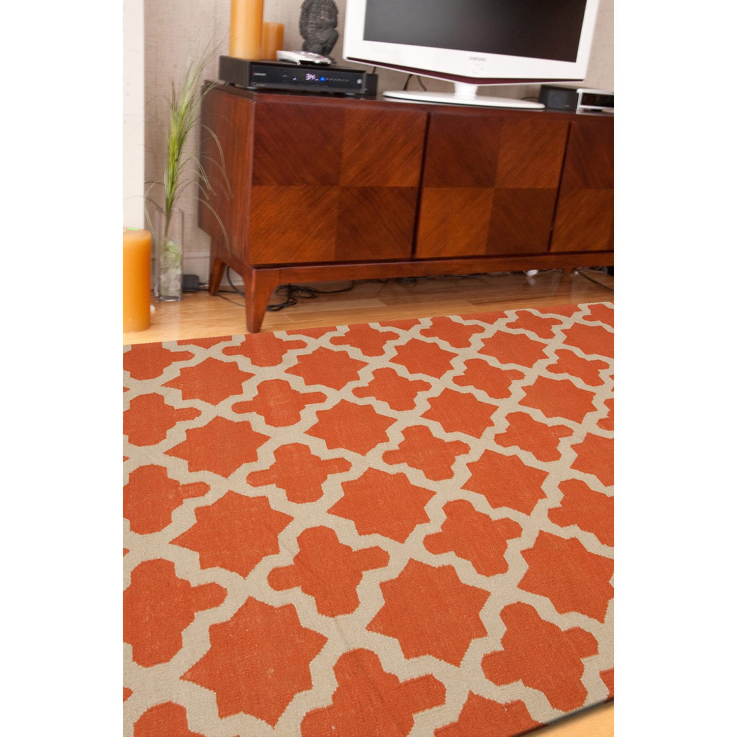 Handmade Flat Weave Geometric Pattern Red/ Orange Rug (9 X 12)