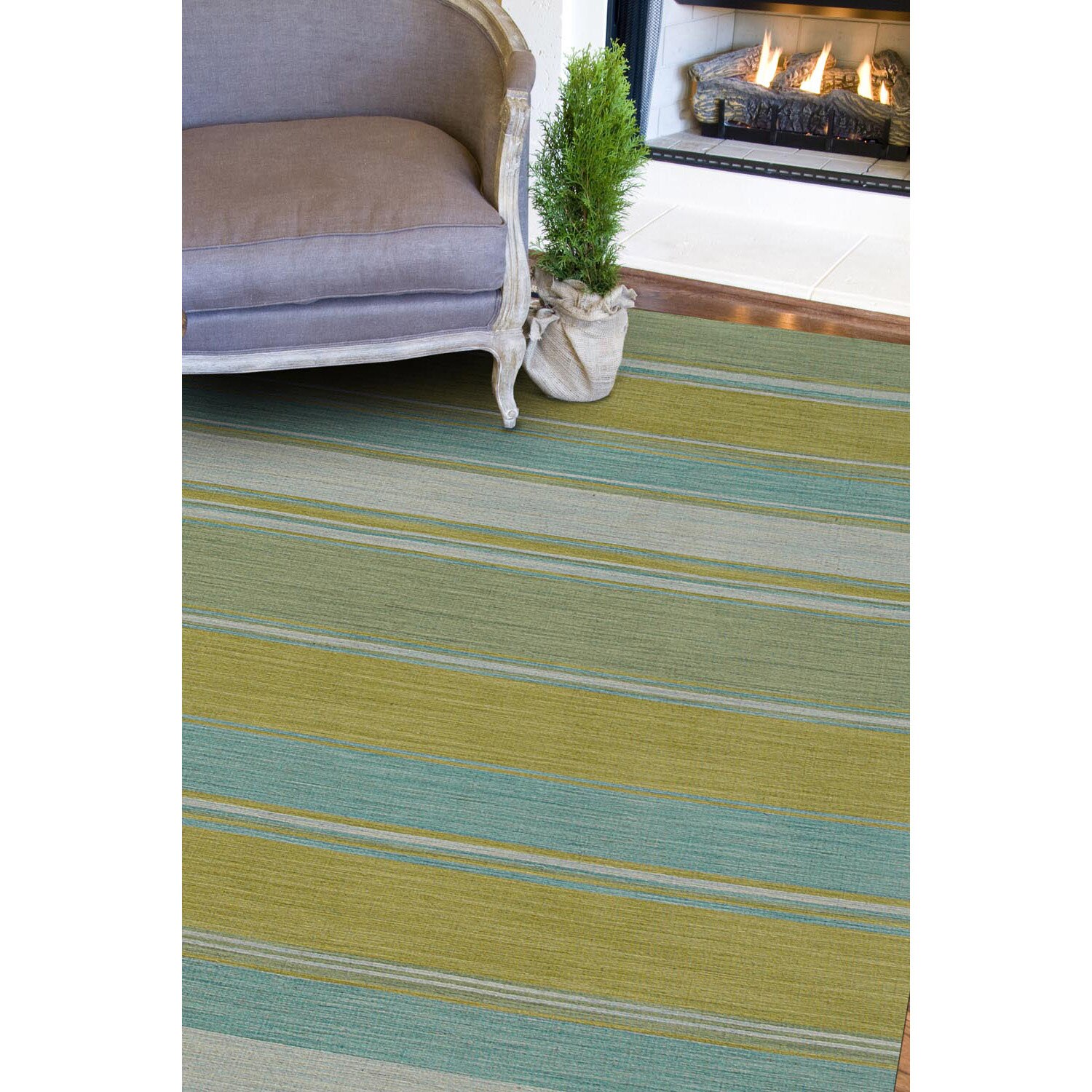 Handmade Flat Weave Stripe Pattern Green Rug (9 X 12)