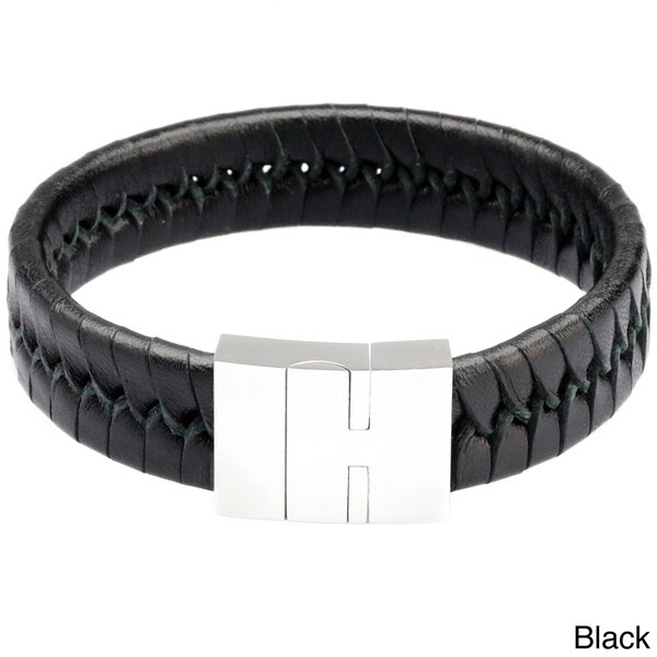 Stainless Steel and Braided Leather Men's Bangle Bracelet Overstock