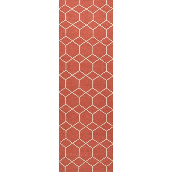 Handmade Flat weave Geometric pattern Red/ Orange Runner Rug (26 x 8