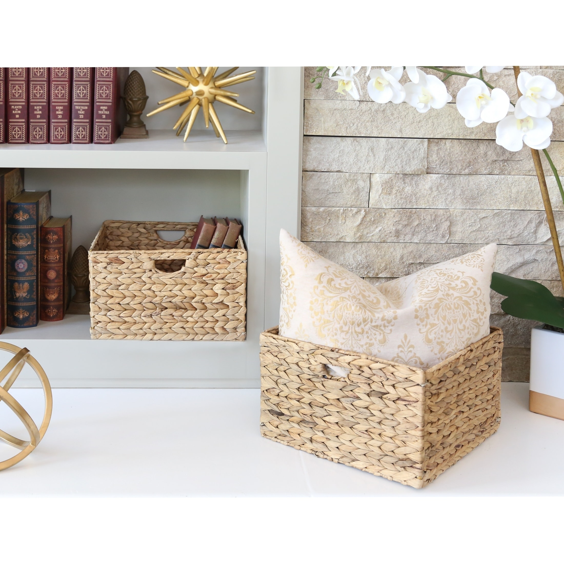 mDesign Seagrass Woven Cube Bin Basket Organizer, Handles, 6 Pack -  Natural/Tan