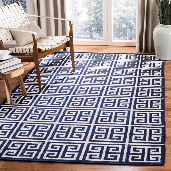 Safavieh Hand-woven Dhurrie Flatweave Greek Key Navy/ Ivory Wool Rug - 9' x 12'