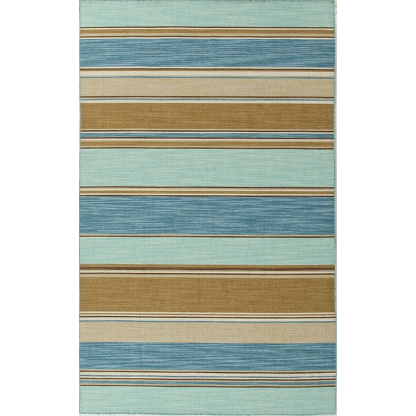 Handmade Flat Weave Stripe Pattern Blue Textured Rug (5 x 8