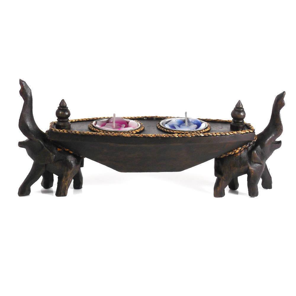 Handmade Two Opposing Elephants Carved Rain Tree Candle Holder (Thailand)