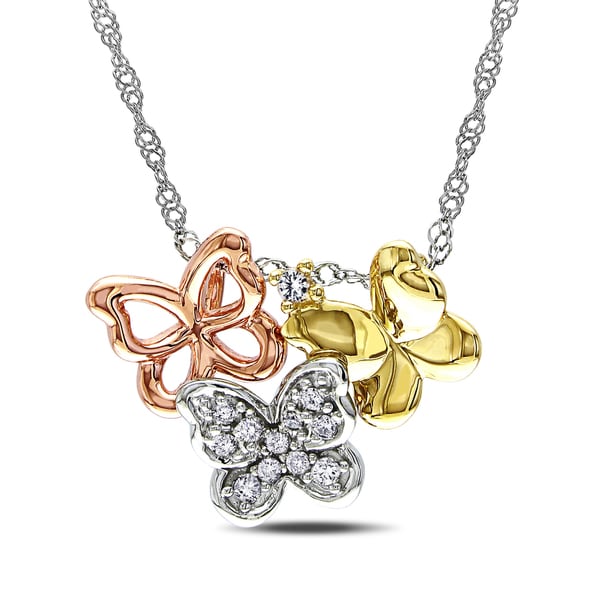 10k Tri-color Gold Diamond Butterfly Necklace - Free ...