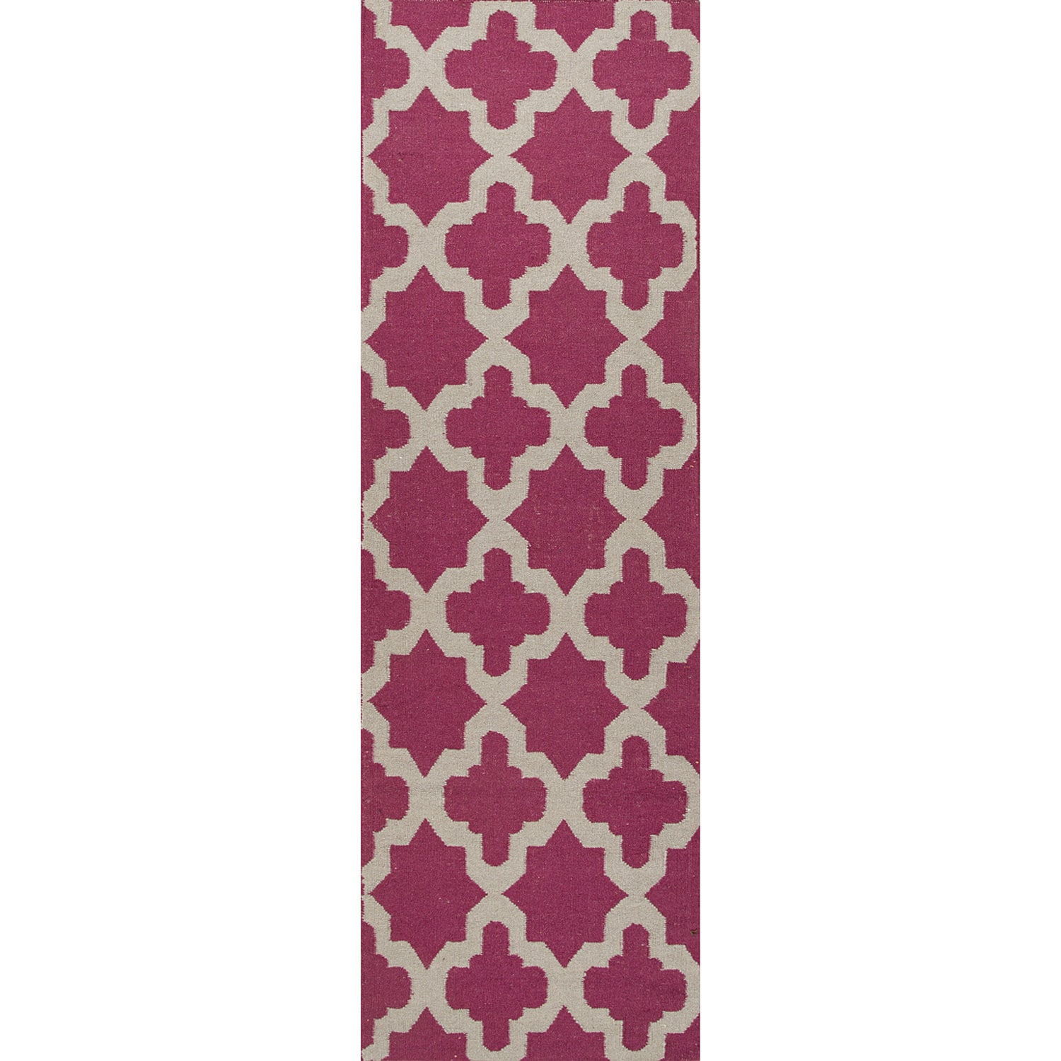 Handmade Flat Weave Geometric Pink/ Grey Rug (26 X 8)