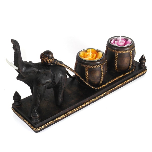 Handmade Royal Asian Elephant at Work Carved Wood Tealight Candle
