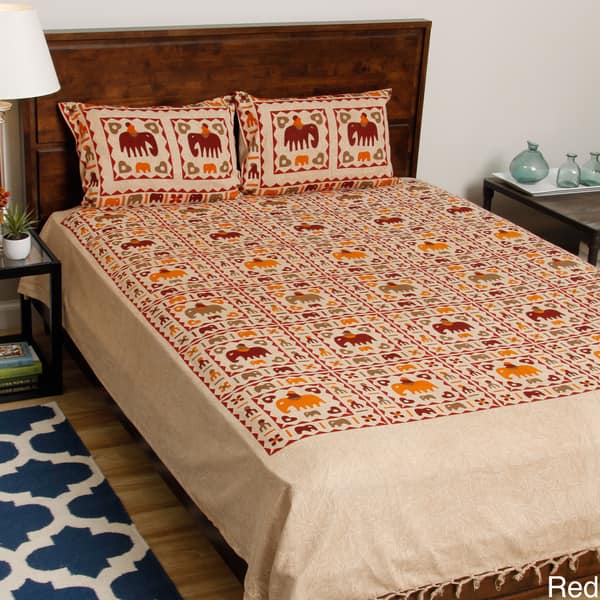 Gujarati Bedspread& Pillowcases with Printed Stylized Elephants (India) Bed Bath & Beyond