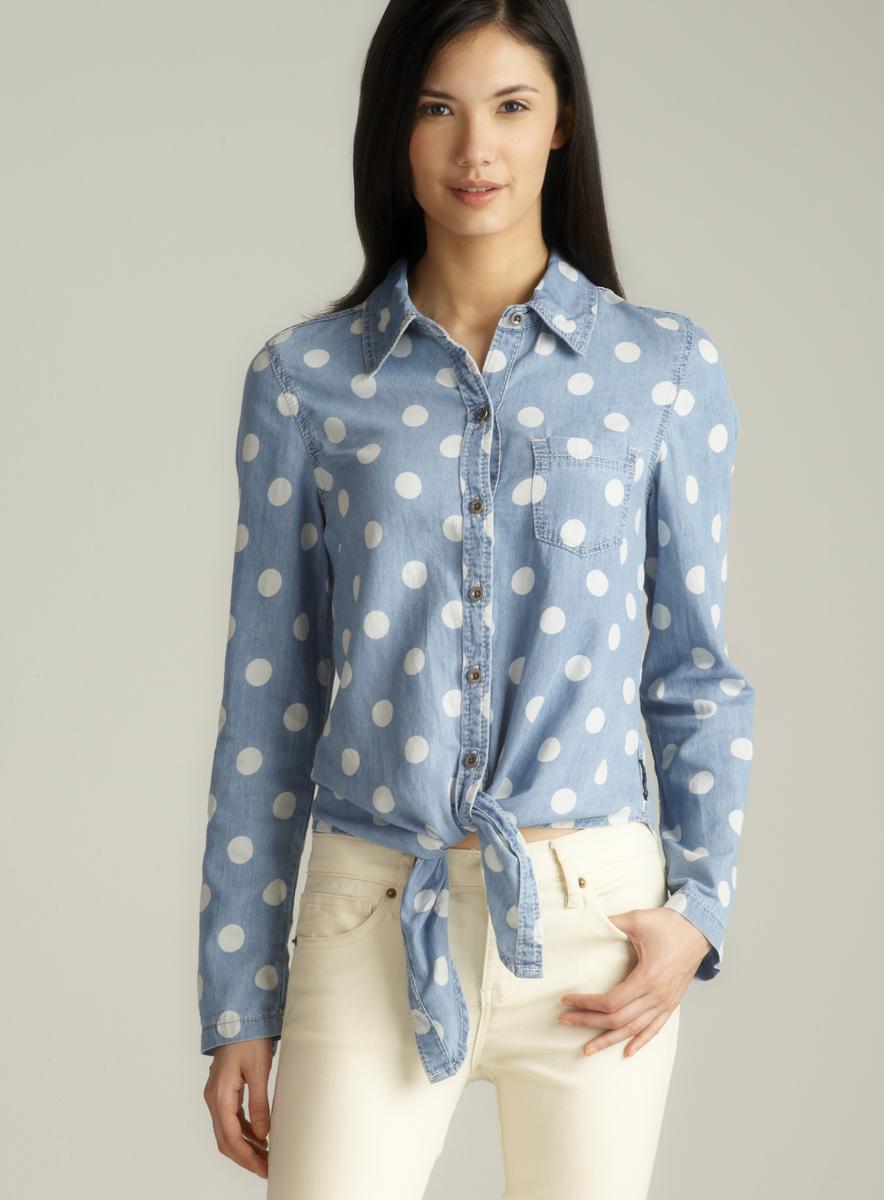 Seven7 Polka Dot Tie Front Button Down Denim Shirt - Free Shipping On ...