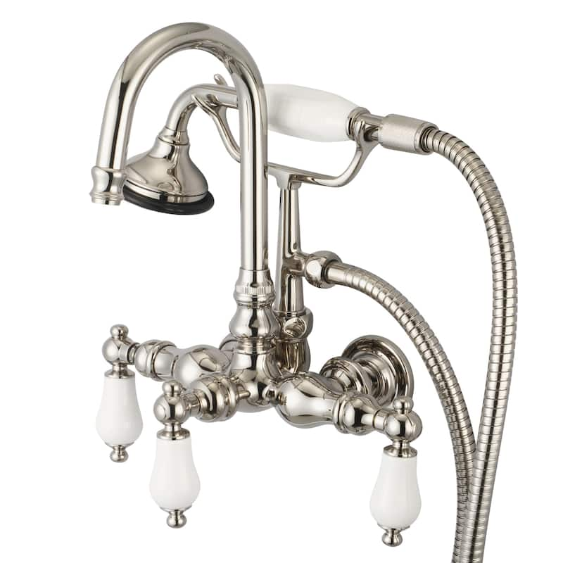 Water Creation Polished Nickel 3 3/8-inch Center Wall Mount Gooseneck Spout Tub Faucet, Straight Wall Connector, Handheld Shower - Porcelain Lever Handles