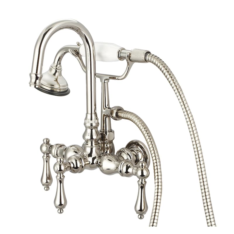 Water Creation Polished Nickel 3 3/8-inch Center Wall Mount Gooseneck Spout Tub Faucet, Straight Wall Connector, Handheld Shower