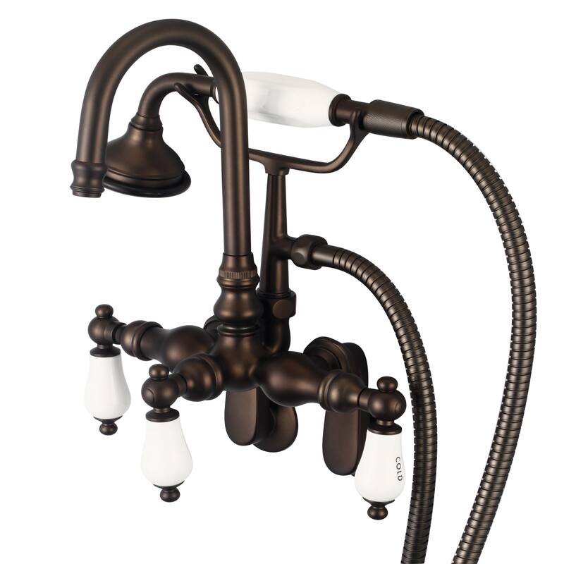 Water Creation Oil Rubbed Bronze Adjustable Spread Wall Mount Gooseneck Spout Tub Faucet, Swivel Wall Connector, Handheld Shower - Hot and Cold labeled porcelain lever handles