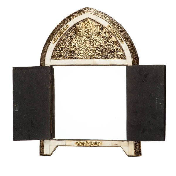 Handmade Arched White Bone Moroccan Mirror with Doors (Morocco)