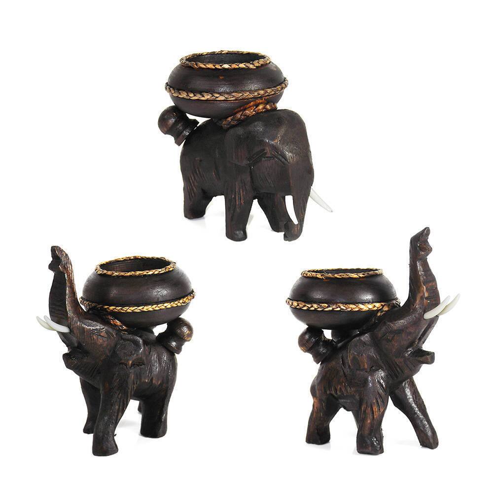 Handmade Three Posing Elephants Carved Rain Tree Wooden Candle Holder Set (Thailand)