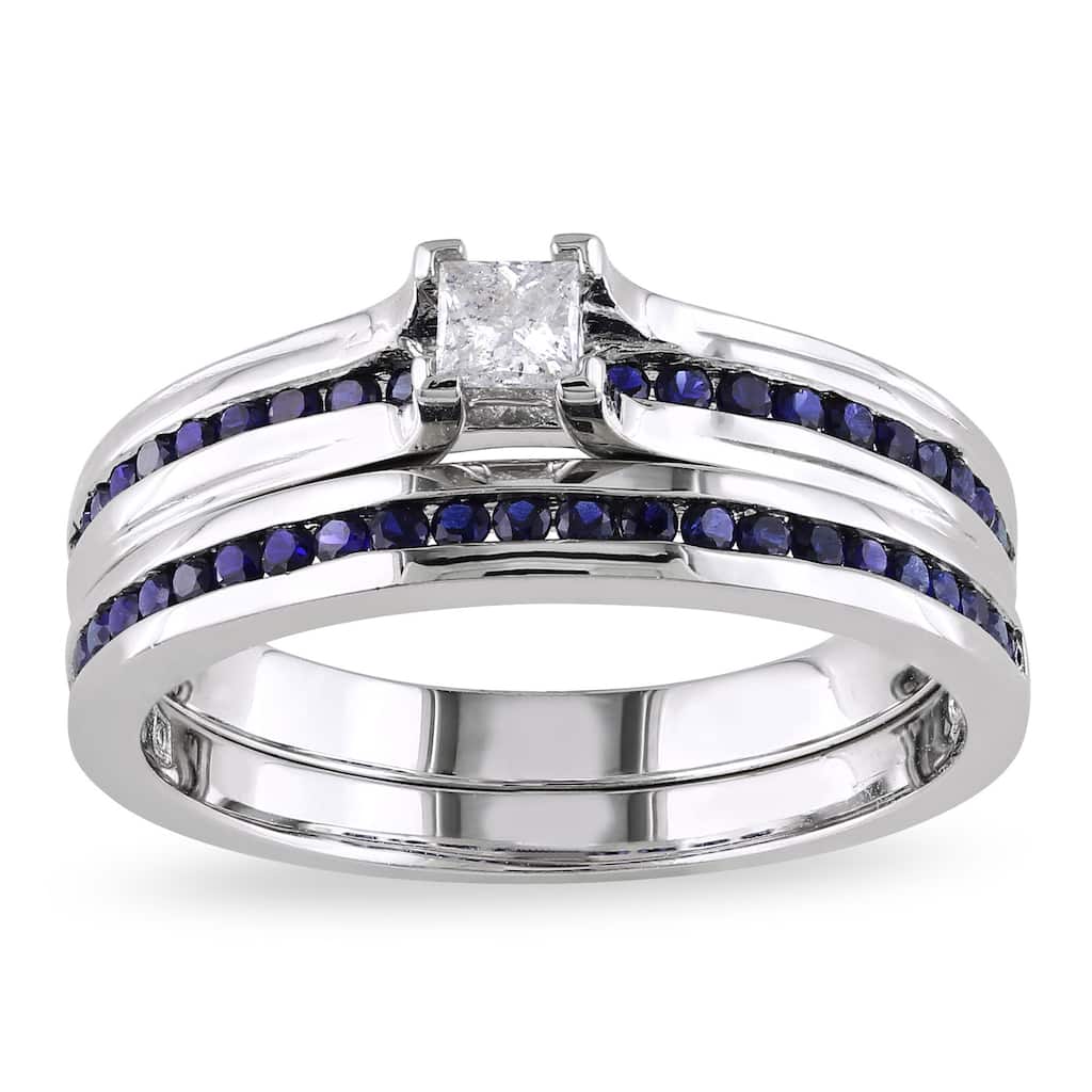 Miadora Sterling Silver 1/6ct TDW Princess-cut Diamond and Sapphire Engagement Wedding Band Ring Set