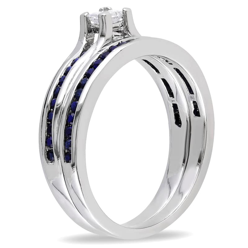 Miadora Sterling Silver 1/6ct TDW Princess-cut Diamond and Sapphire Engagement Wedding Band Ring Set