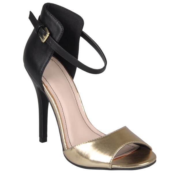 gold open toe ankle strap heels