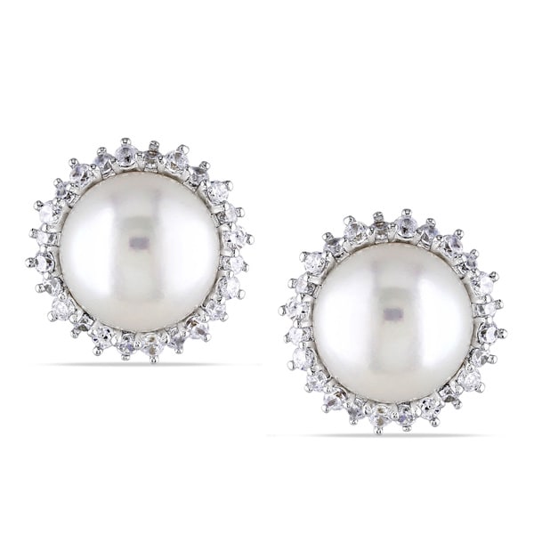 Miadora Sterling Silver Freshwater Pearl and White Topaz Stud Earrings Miadora Pearl Earrings