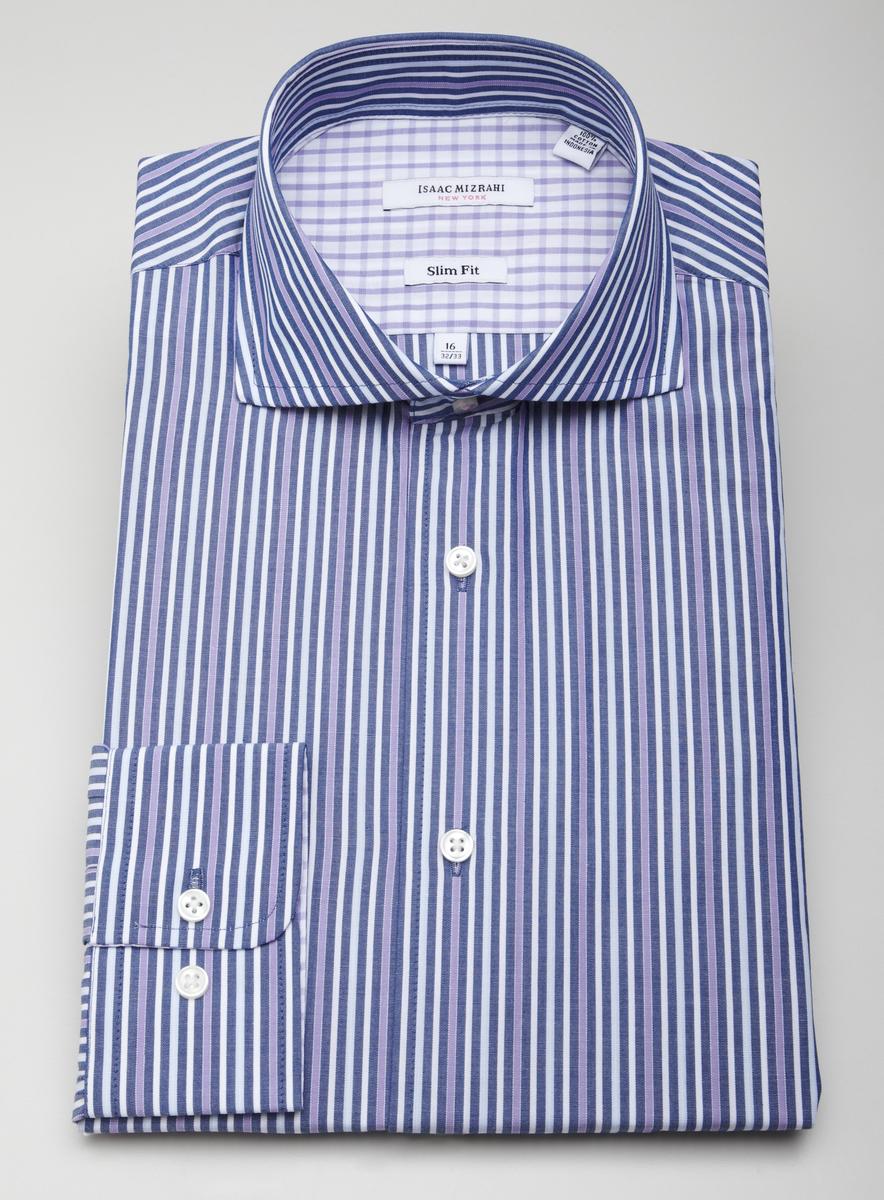 Isaac Mizrahi Navy Striped Slim Fit Button Down  