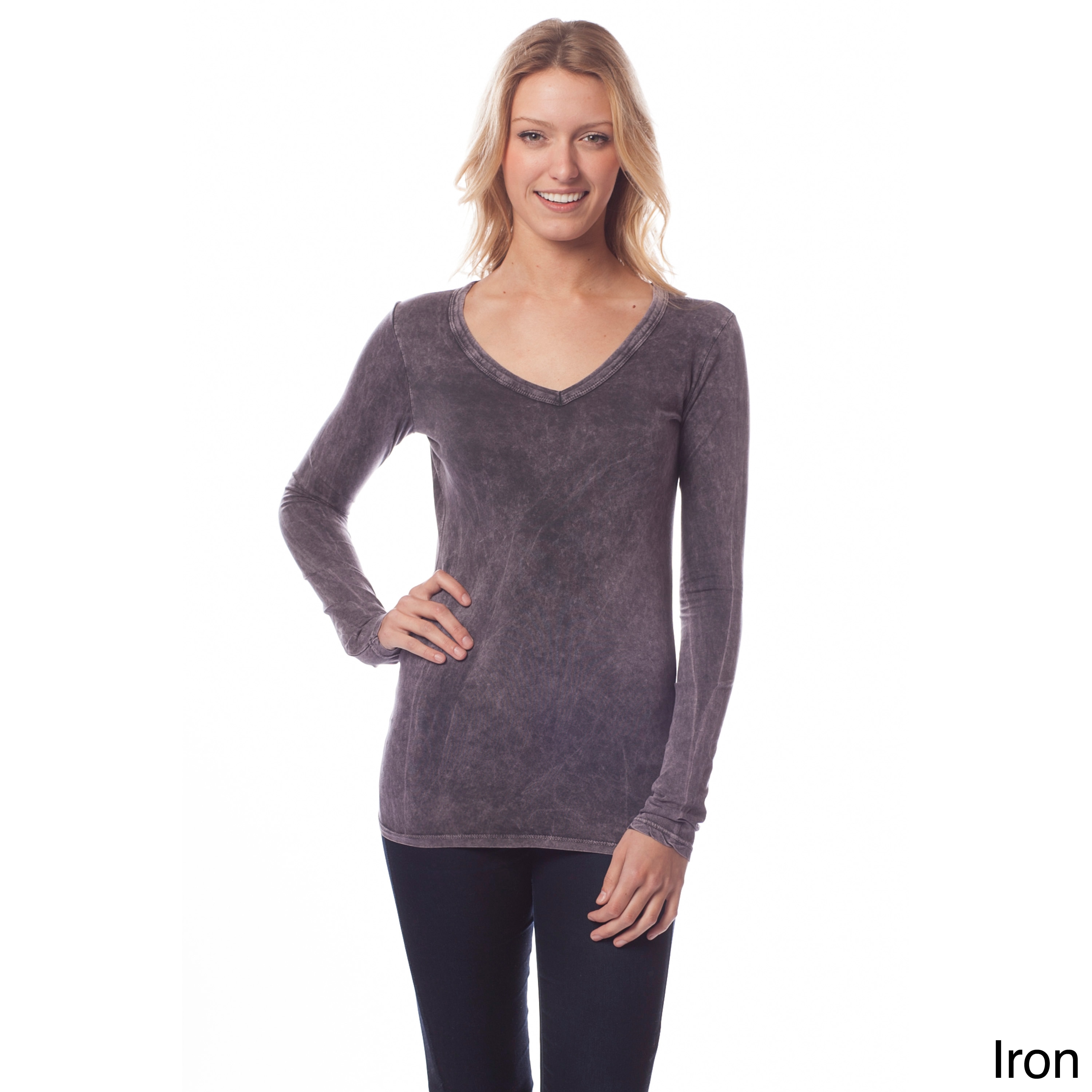 AtoZ AtoZ Womens Long Sleeve V neck Top Grey Size S (4  6)