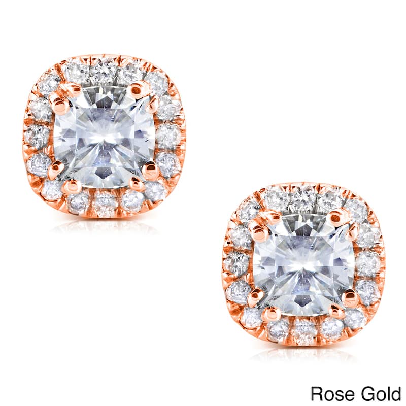 Annello by Kobelli 14k Gold 1 1/5ct TGW Cushion 4.5MM Moissanite (GH) and Diamond Halo Stud Earrings - Rose
