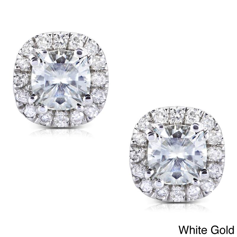 Annello by Kobelli 14k Gold 1 1/5ct TGW Cushion 4.5MM Moissanite (GH) and Diamond Halo Stud Earrings - White
