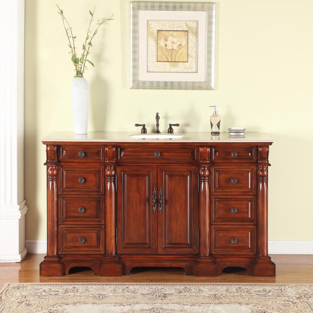 Silkroad Excluisve 62-Inch Natural Stone Countertop Bathroom Single Sink Vanity - Overstock - 8202053