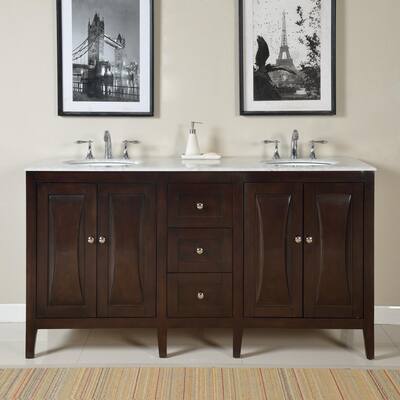 Silkroad Exclusive 68-inch Carrara White Marble Stone Top Bathroom Double Sink Vanity