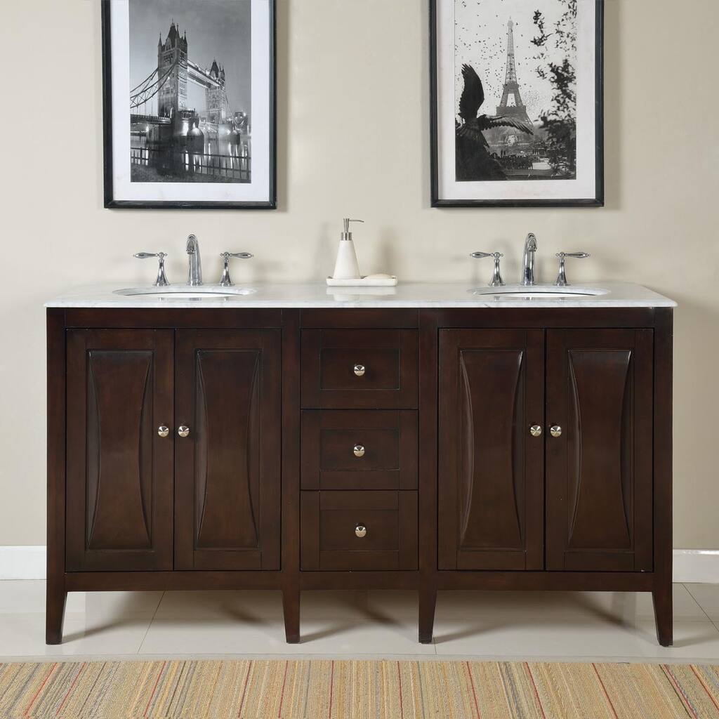 Silkroad Exclusive 68-inch Carrara White Marble Stone Top Bathroom Double Sink Vanity