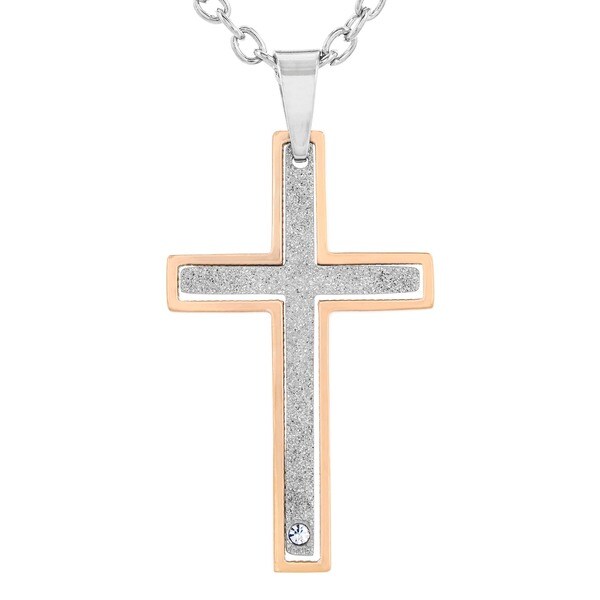 Two-tone Stainless Steel Cubic Zirconia 2-piece Layered Cross Necklace