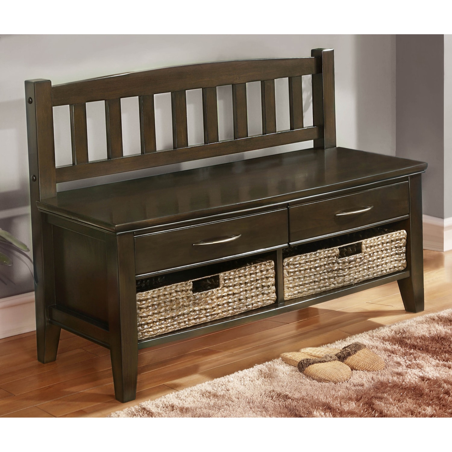 Langley Collection Walnut Brown Entryway 4 drawer Storage Bench