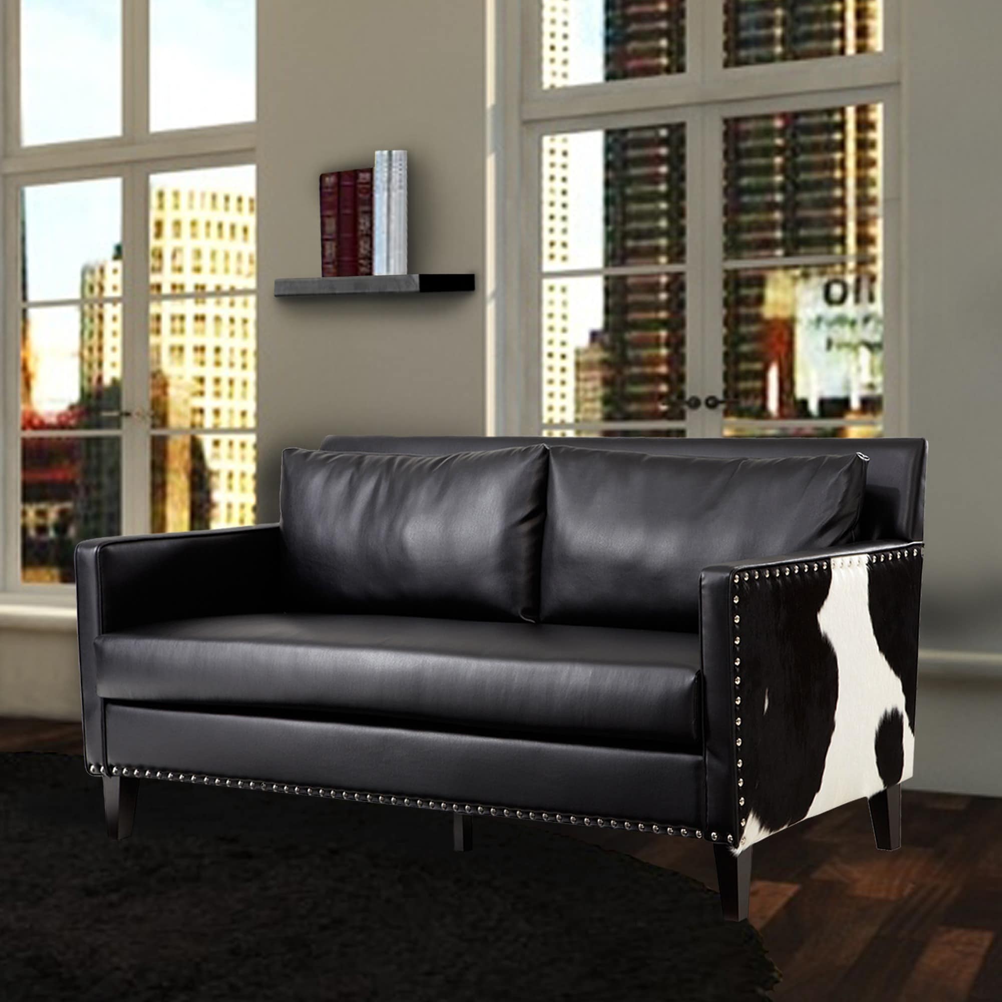 Dallas Love Black Faux Leather/ Real Cowhide Side Panels Loveseat