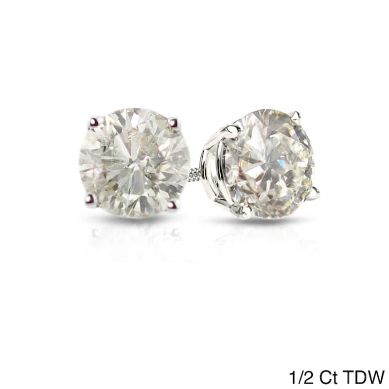 14k White Gold 1/2ct to 1 1/2ct TDW Round Hearts & Arrows Diamond Stud Earrings by Auriya - 0.50ct