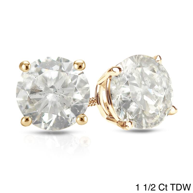 14k Yellow Gold 1/2ct to 1 1/2ct TDW Round Hearts & Arrows Diamond Stud Earrings by Auriya - 1.50ct