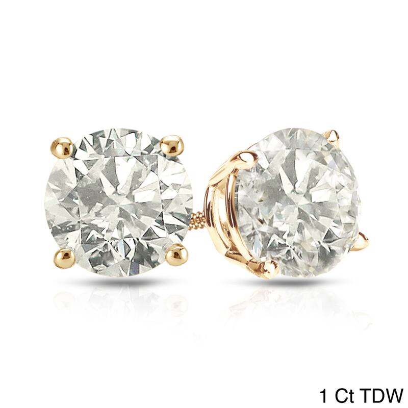 14k Yellow Gold 1/2ct to 1 1/2ct TDW Round Hearts & Arrows Diamond Stud Earrings by Auriya - 1.00ct