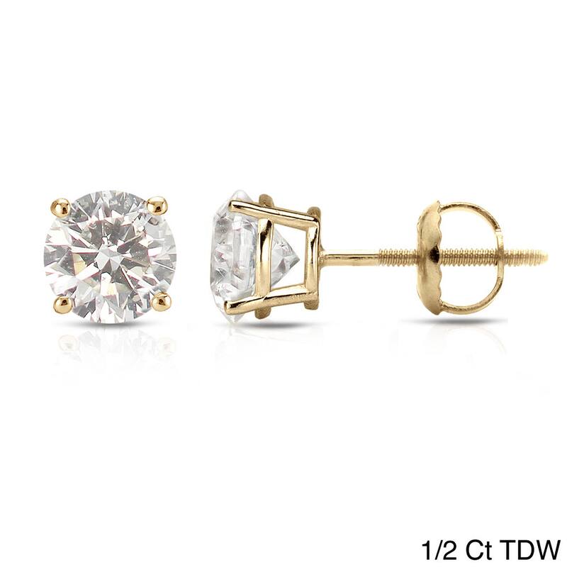 14k Yellow Gold 1/2ct to 1 1/2ct TDW Round Hearts & Arrows Diamond Stud Earrings by Auriya