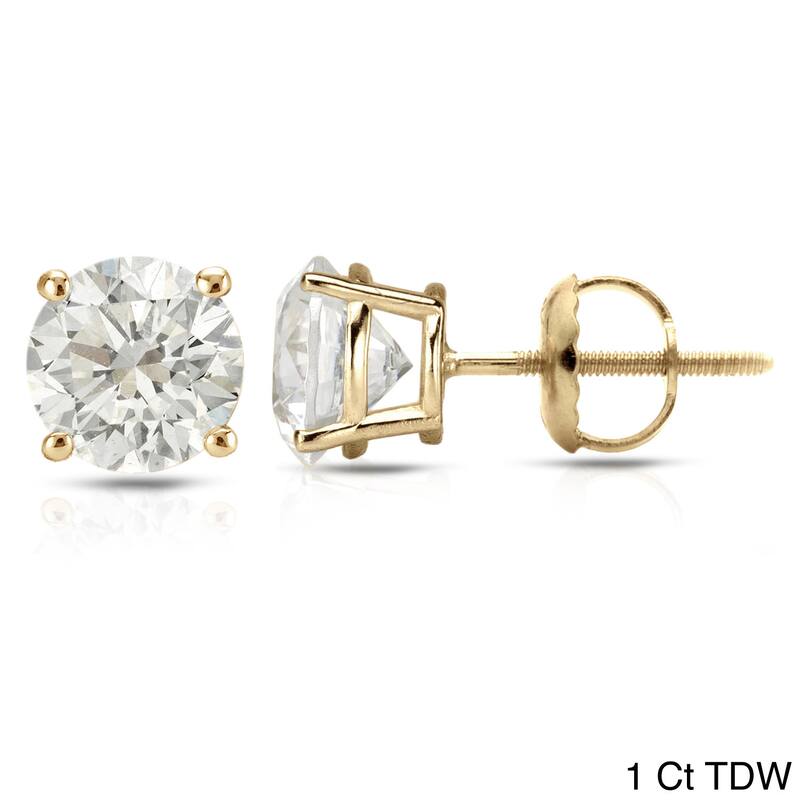 14k Yellow Gold 1/2ct to 1 1/2ct TDW Round Hearts & Arrows Diamond Stud Earrings by Auriya (H-I, SI1-SI2) - 1.00ct