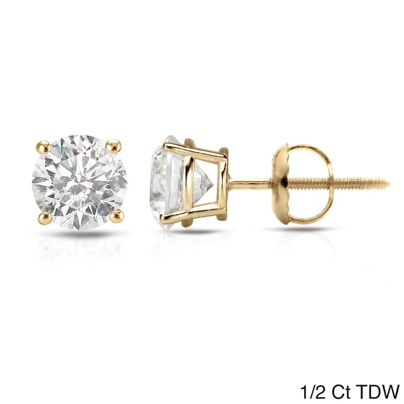 14k Yellow Gold 1/2ct to 1 1/2ct TDW Round Hearts & Arrows Diamond Stud Earrings by Auriya (H-I, SI1-SI2) - 0.50ct