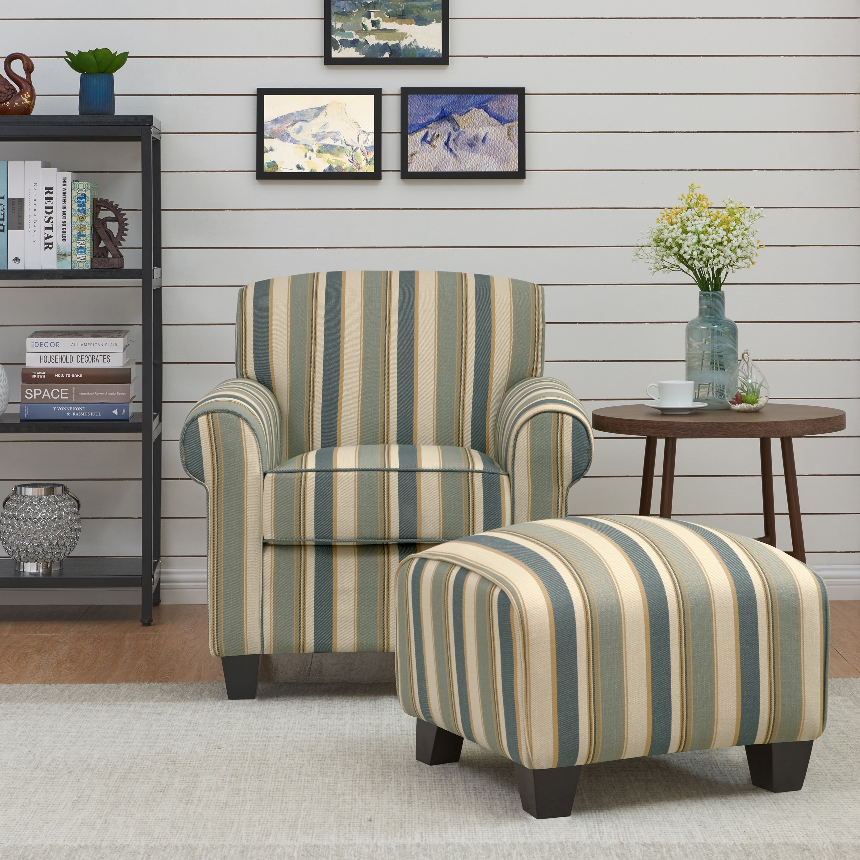 Portfolio Mira Coastal Blue Stripe Arm Chair And Ottoman