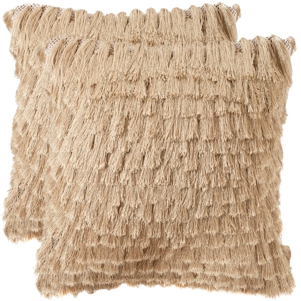 Safavieh Cali Shag 18-inch Champagne Feather/ Down Decorative Shaggy Pillow (Set of 2)