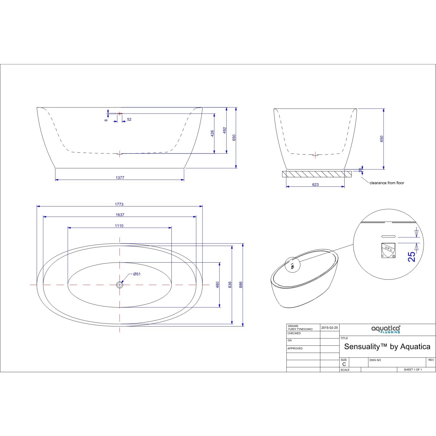 Aquatica SensMini-Free-Wht Sensuality Mini F-Wht Freestanding Solid Surface  Bathtub