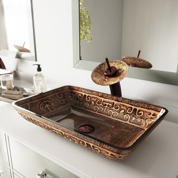 VIGO Golden Greek Glass Vessel Bathroom Sink and Waterfall Faucet Set