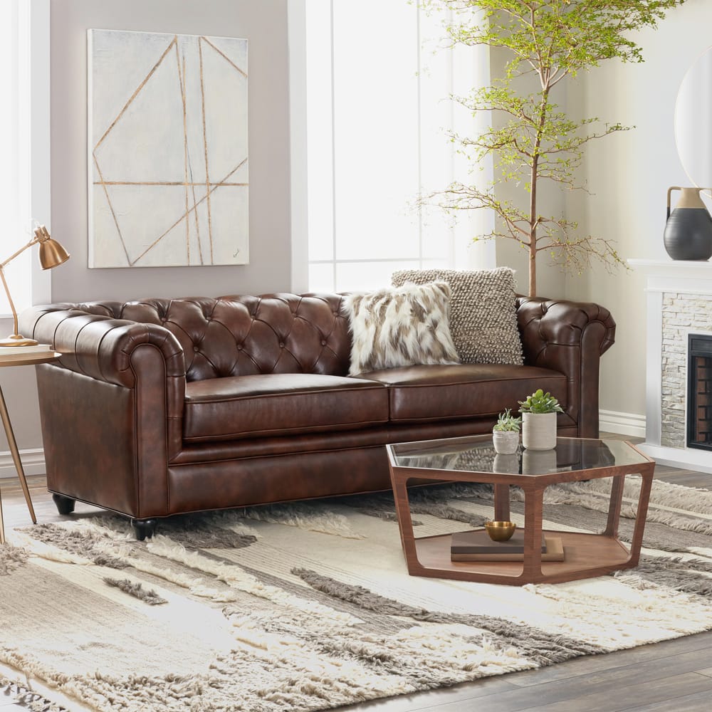 Abbyson Tuscan Top Grain Leather Button Tufted Chesterfield Sofa