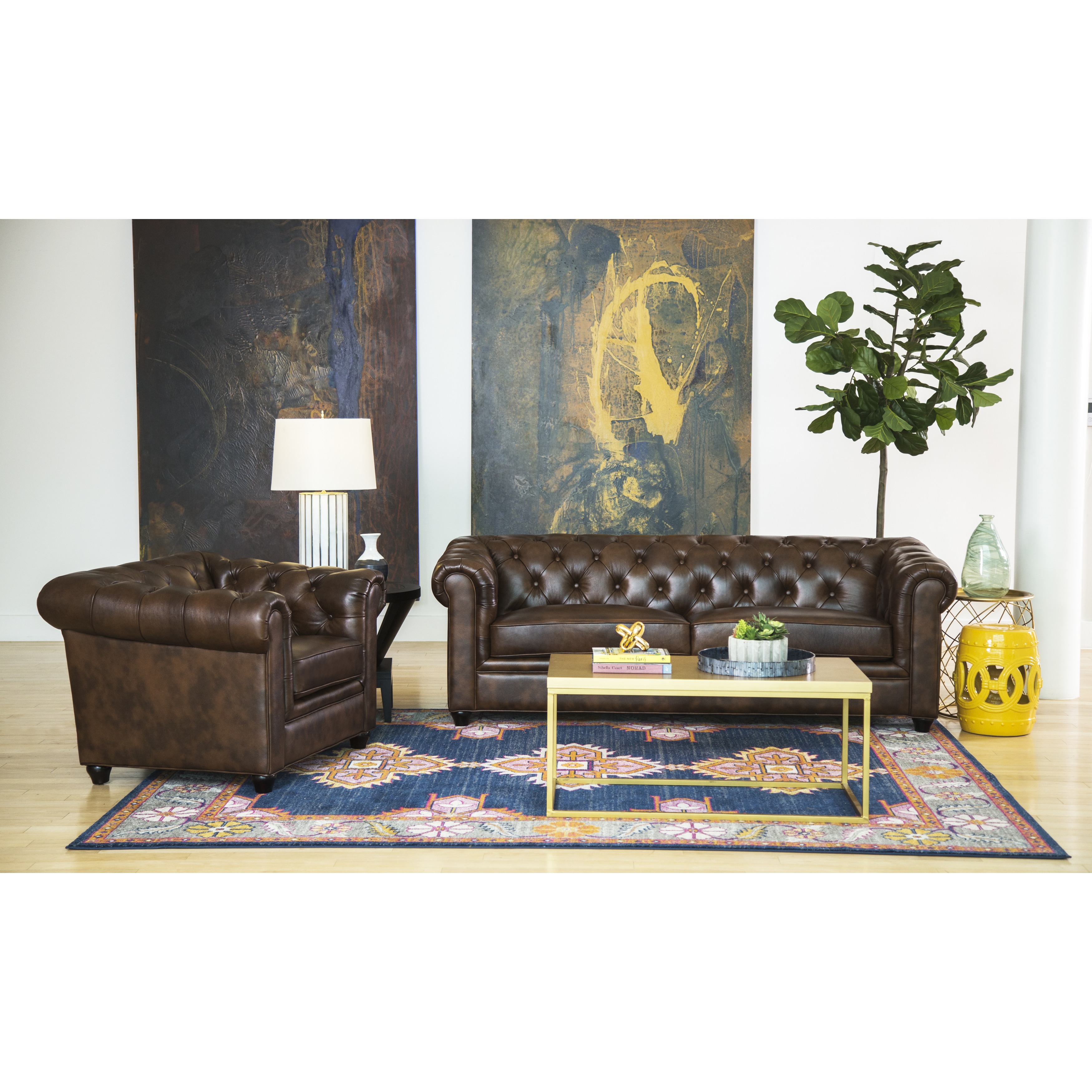 Details About Abbyson Tuscan Top Grain Leather Chesterfield 2 Piece Living Brown