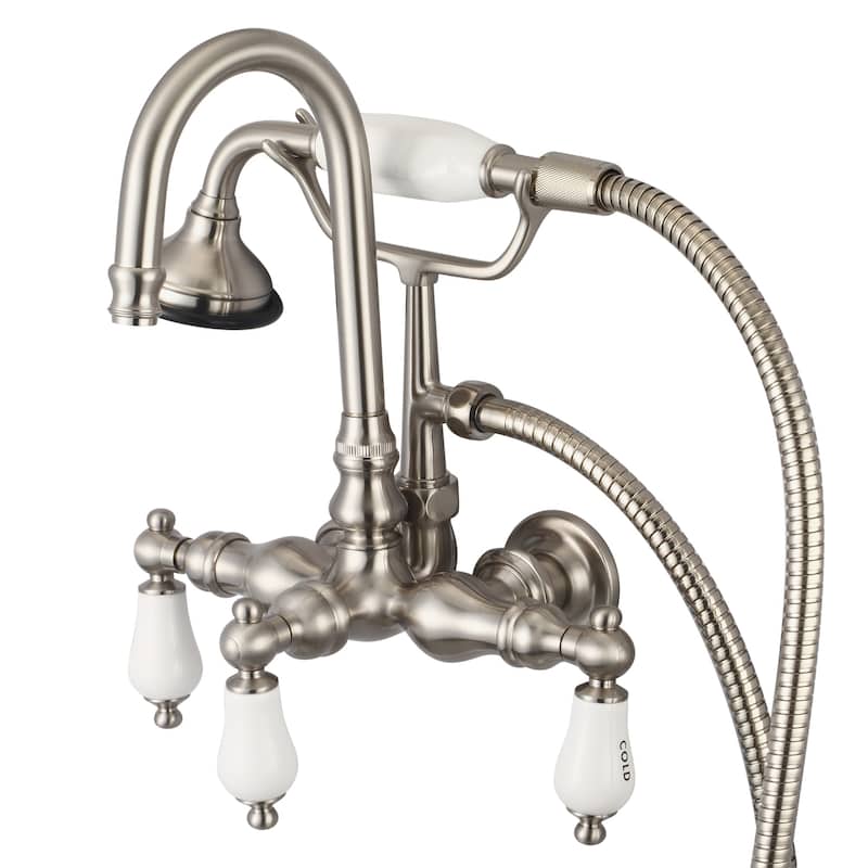 Water Creation Brushed Nickel 3 3/8-inch Center Wall Mount Gooseneck Spout Tub Faucet, Straight Wall Connector, Handheld Shower