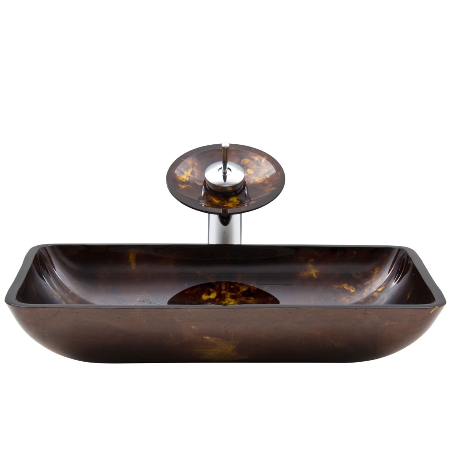 Vigo Rectangular Brown And Gold Fusion Glass Vessel Sink And Waterfall Faucet Set In Chrome