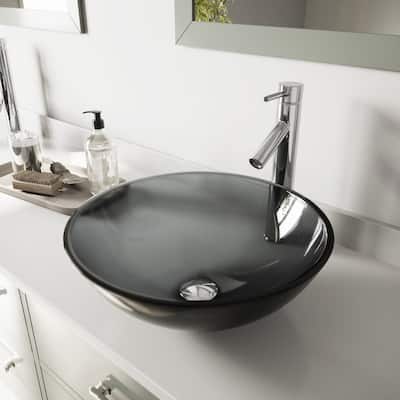 VIGO Sheer Black Glass Vessel Bathroom Sink Set With Dior Vessel Faucet