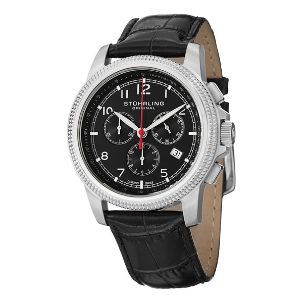 Stuhrling Original Men's Targa Courant Swiss Quartz Leather Strap Watch with Black Dial - silver