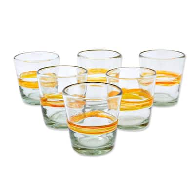 NOVICA Artisan Handblown Recycled Rock Glasses In Golden Hues Clear Mexican Juice Tumbler 'Ribbon of Sunshine'(Set of 6)